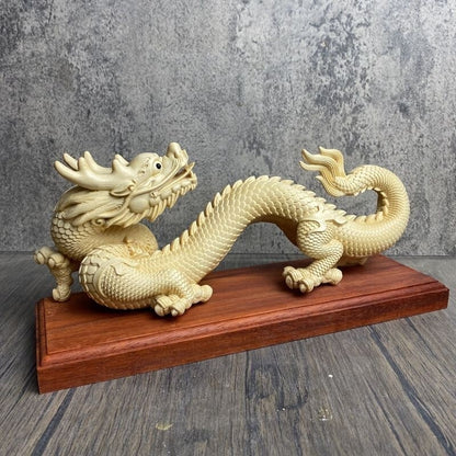 9" Long Boxwood Carved Dragon Statue Woodwork Sculpture Feng Shui Decor