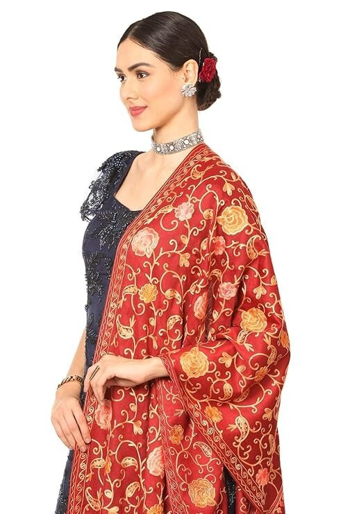 Women's Aari Embroidery Jaal Stole Fine Wool Shawl Wrap French Renaissance