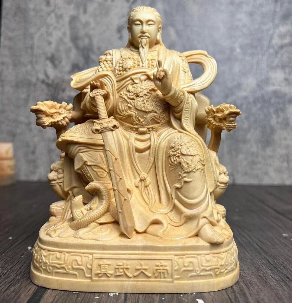 Chinese Boxwood Carved Emperor Zhenwu Statue Taoism God Daoist Deity Home Decor