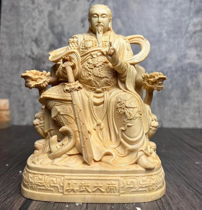 Chinese Boxwood Carved Emperor Zhenwu Statue Taoism God Daoist Deity Home Decor