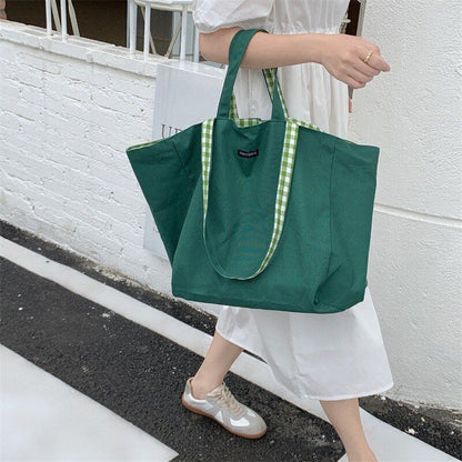 Canvas Bag Shoulder Totes Handbag Plaid Shopper Large Capacity Double Side Bags