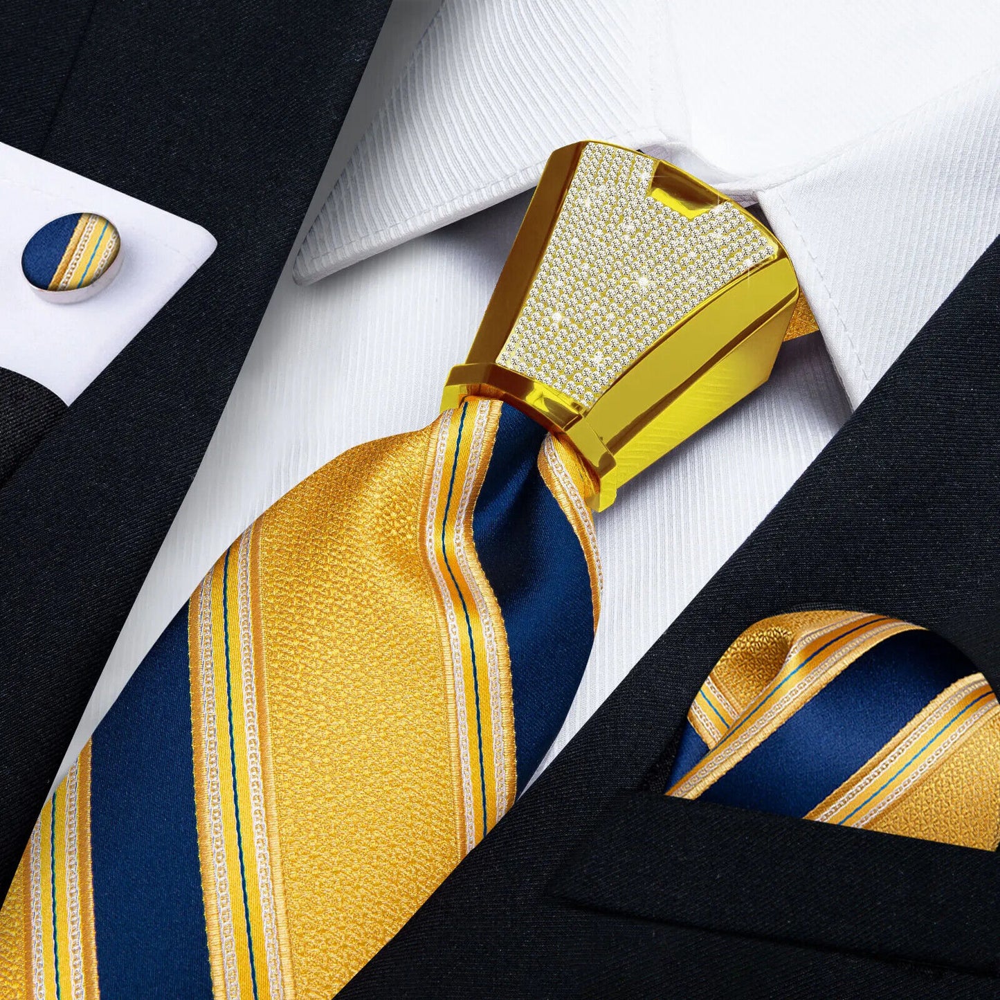 Men Necktie 3Pcs Luxury Striped Ties Cufflinks Pocket Square Wedding Accessories