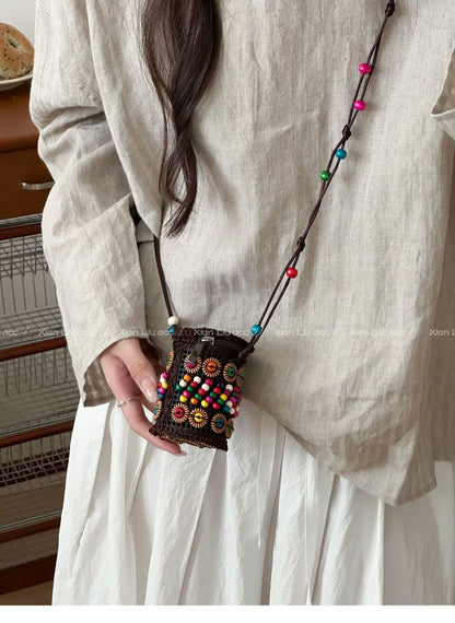 Bohemian Colorful Floral Woven Coconut Shell Mini Crossbody Bag