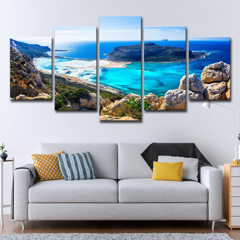 Blue Ocean Island Sea Beach Rocks Canvas Prints Painting Wall Art Home Decor 5P