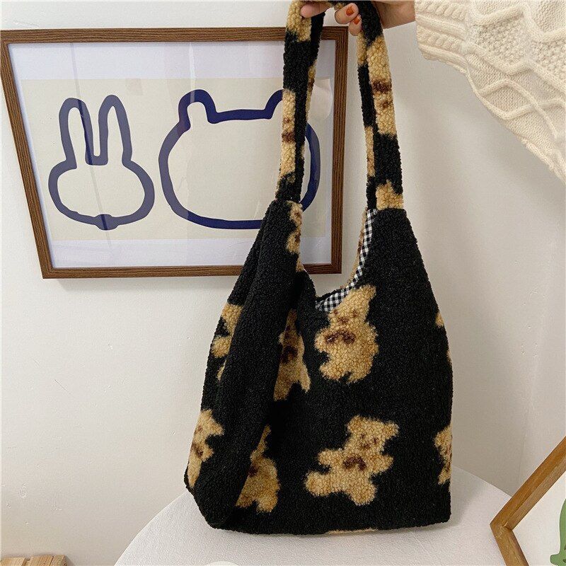 Women Soft Plush Tote Simple Warm Cloth Shopper Bags Handbag Shoulder Bag Purses