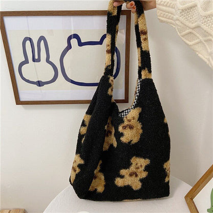 Women Soft Plush Tote Simple Warm Cloth Shopper Bags Handbag Shoulder Bag Purses