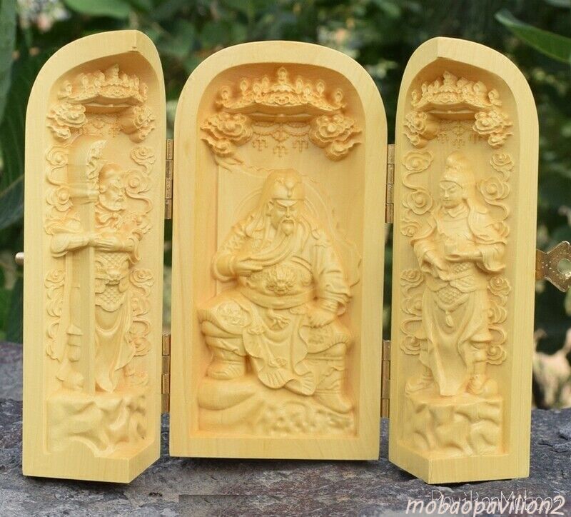 Portable Boxwood Carved Chinese Guan Yu Guan Gong Warrior God Statue Decor