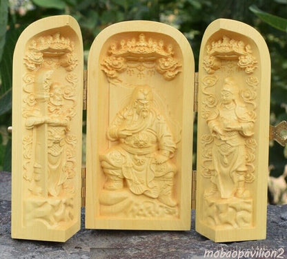 Portable Boxwood Carved Chinese Guan Yu Guan Gong Warrior God Statue Decor