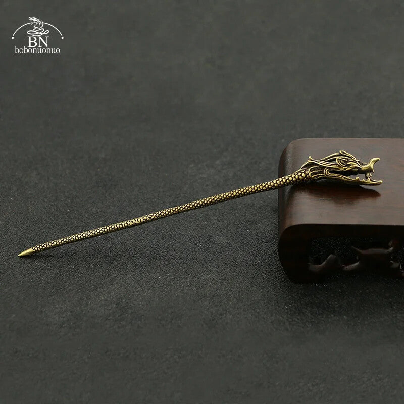 Copper Dragon Head Tea Knife Desk Ornaments Vintage Brass Miniatures Figurines