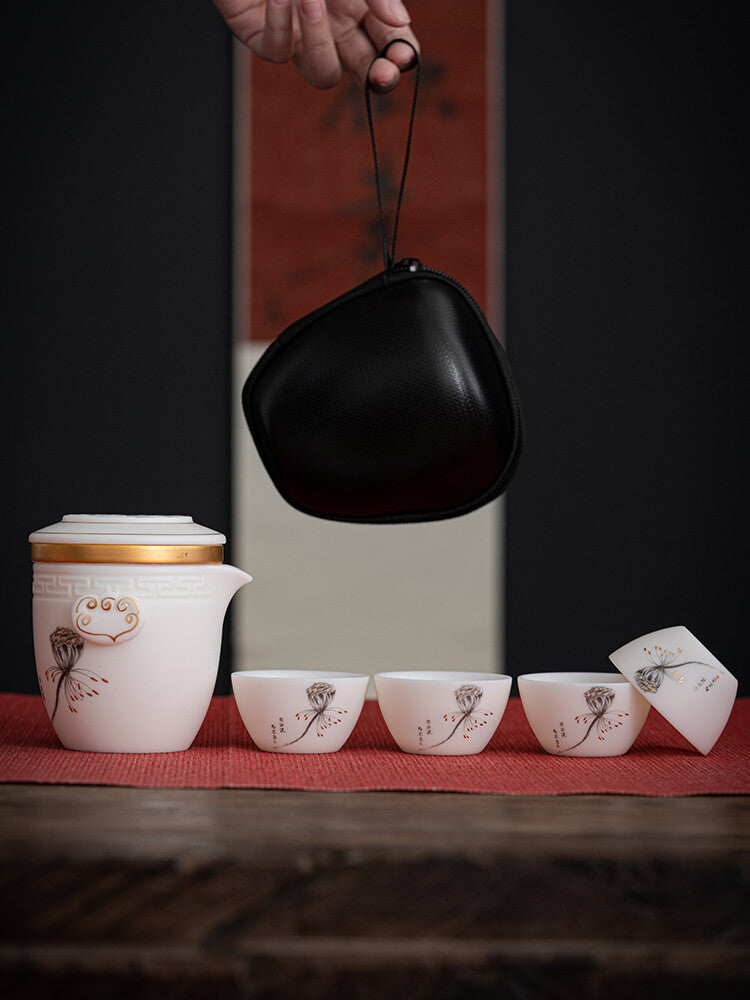 Mutton Fat Jade Porcelain Travel Tea Set With Portable Bag China Tea Pot Cup New