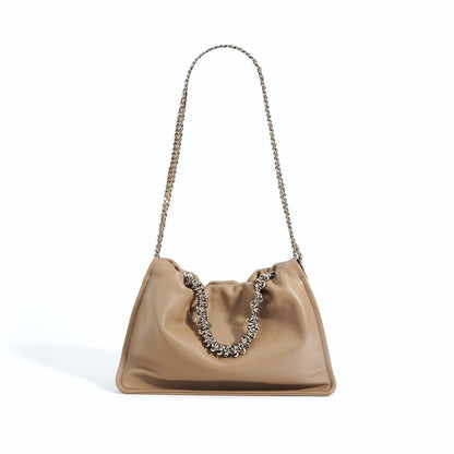 Ruched Real Leather Clutch Purse Pouch Tote Shoulder Bag Crossbody w/ Chains