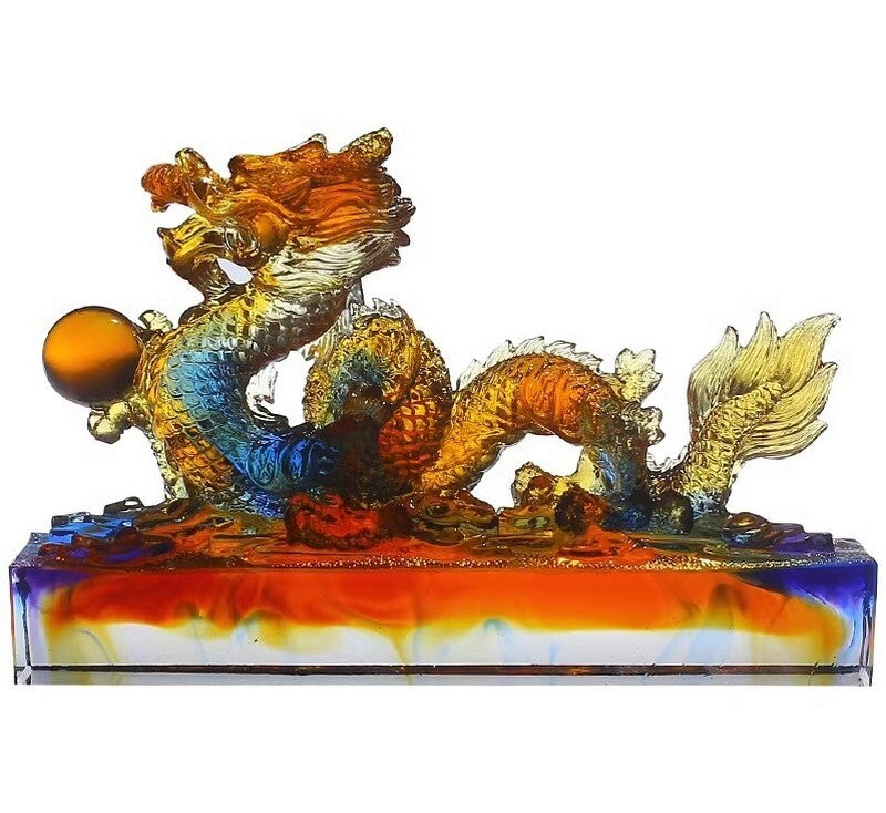 Liu Li Crystal Chinese Dragon Playing Ball Statue Office Feng Shui Home Decor