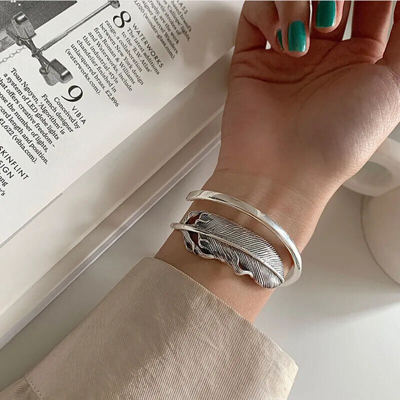 Vintage Handmade 925 Sterling Silver Creative Elegant Feather Bracelet Bangle