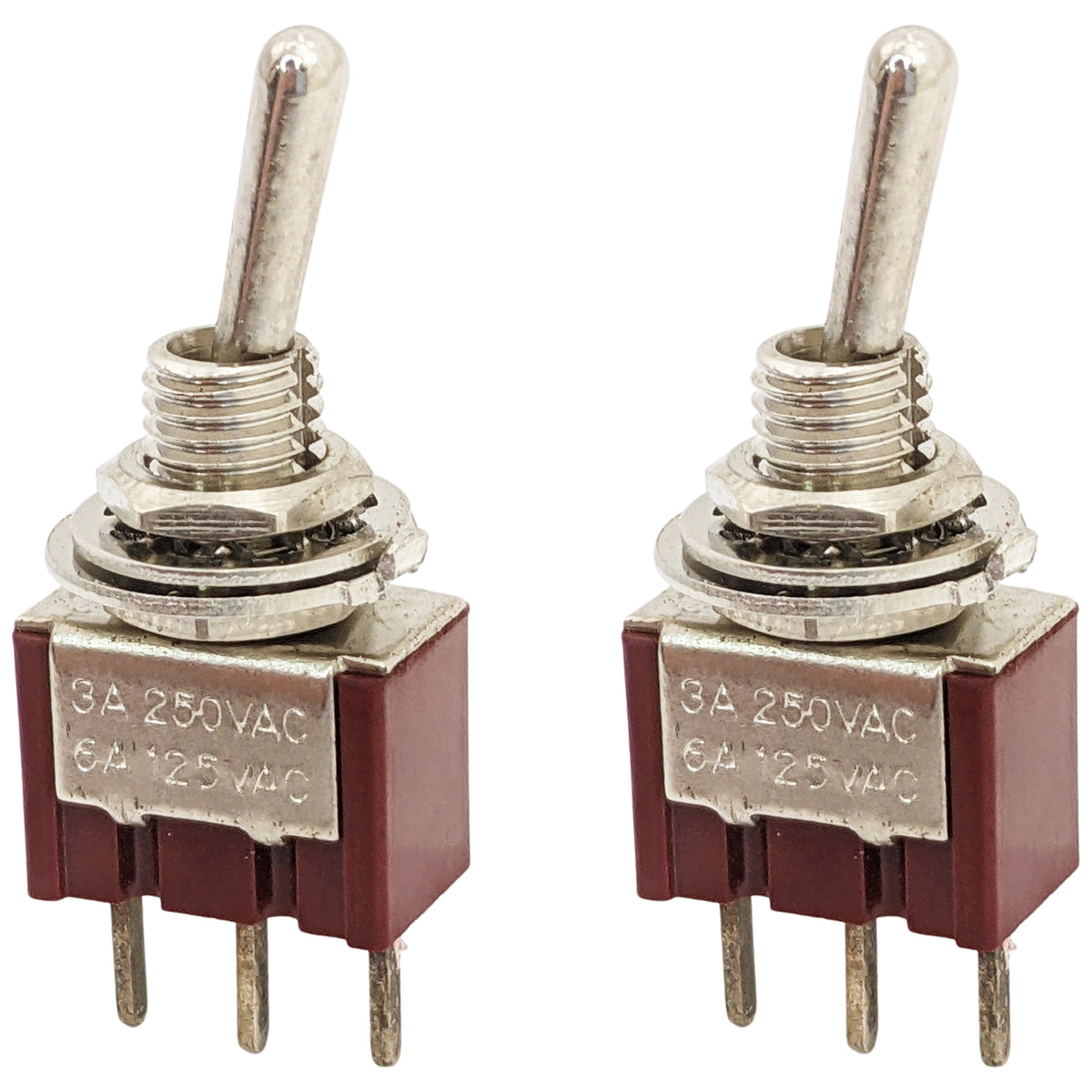 2 Pack Miniature SPDT Toggle Switch On-Off-On with 3 Pin PC Leads, 6A @ 125V AC