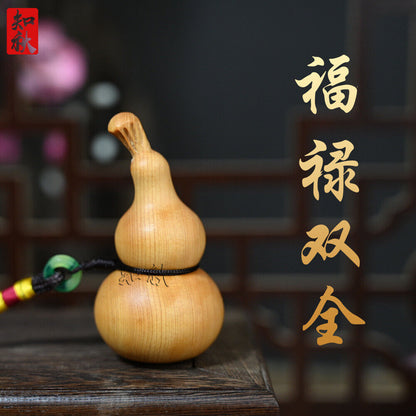 Cliff Cypress Wood Carved Gourd with A "福禄双全" Keychain Pendant Handicraft