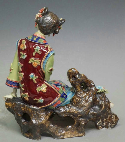 Vintage Wucai Porcelain Pottery Ceramic Seat Happy Lady Women Flower Figurine