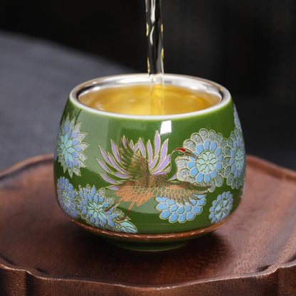 One Cup Ceramic Sterling Silver Tea Cup Antique Style Peony Flower Print Teacups