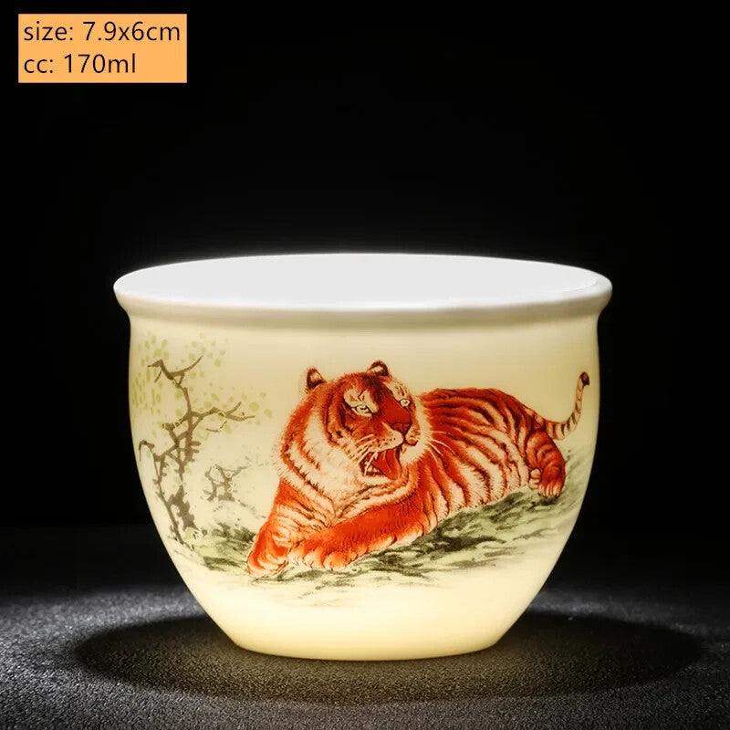 Jade Ceramic Tea Cup Zodiac Tiger Tea Cup Master Cup White Porcelain Tea Set