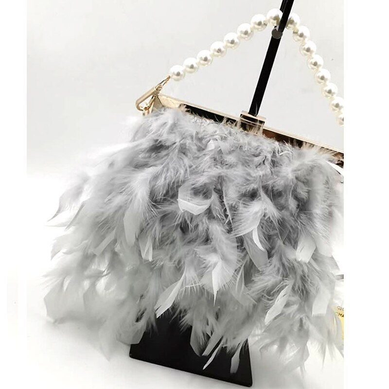 Luxury Real Feather Purse Handbag Clutch Shoulder Bags Pearl Chain 20*5*18 CM