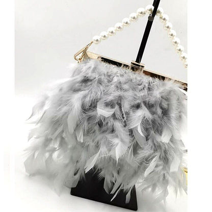 Luxury Real Feather Purse Handbag Clutch Shoulder Bags Pearl Chain 20*5*18 CM