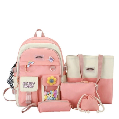 5pcs Sets Children's School Backpack Women's Bagpack Laptop Bag Students Totes