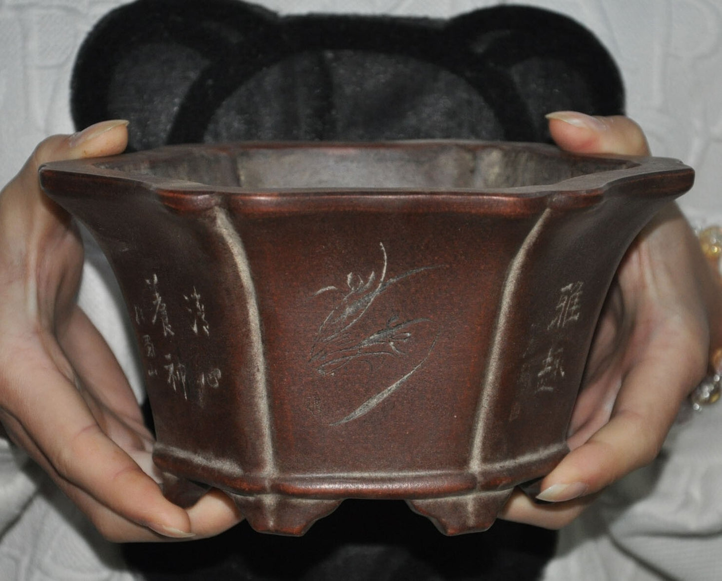 7" Chinese yixing zisha pottery calligraphy orchid flower pot Bonsai Potted pots