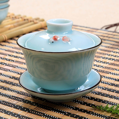 Carp / Golden Fish Relief Chinese Porcelain Tea Bowl Tea Service Cup Bowl Saucer