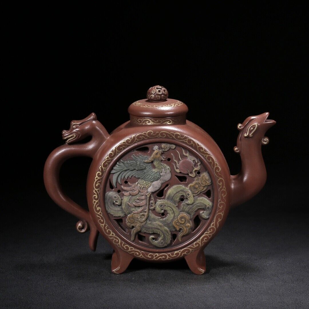 Chinese Yixing Zisha Clay Handmade Exquisite Teapot （龙凤呈祥（描金） 底款：陈鸣远）