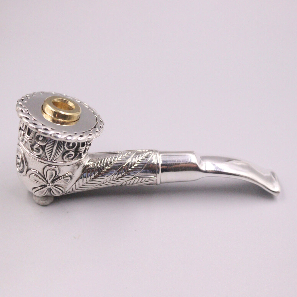 Silver Tobacco Pipe Men Carved Flower Leaf Pattern Pipe 88g