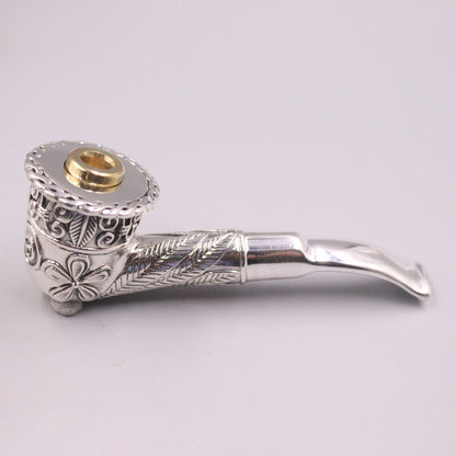 Silver Tobacco Pipe Men Carved Flower Leaf Pattern Pipe 88g