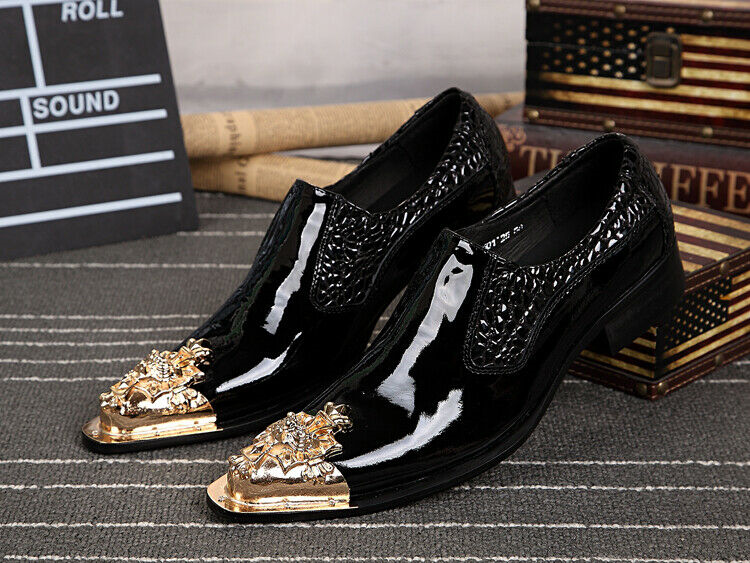 Mens Slip On Leather Metal Pointy Toe Formal Dress Business Flat Heel Shoes New
