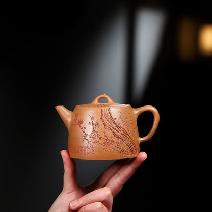 Handmade Carved Tea Pot Wintersweet Design 10 Infuser Holes Zisha Jiangpo Clay
