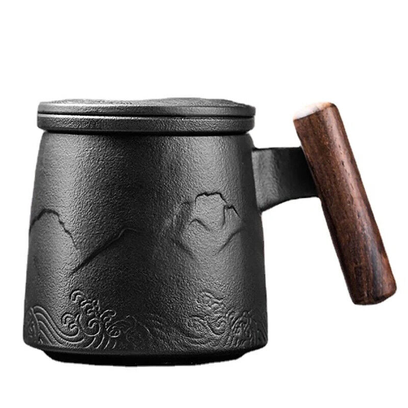 Tea Mugs Ceramic Tea Coffee Cup Beer Mug Infuser Lid Wooden Handle Tableware
