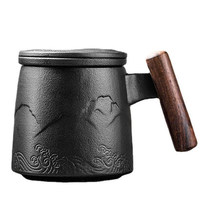 Tea Mugs Ceramic Tea Coffee Cup Beer Mug Infuser Lid Wooden Handle Tableware