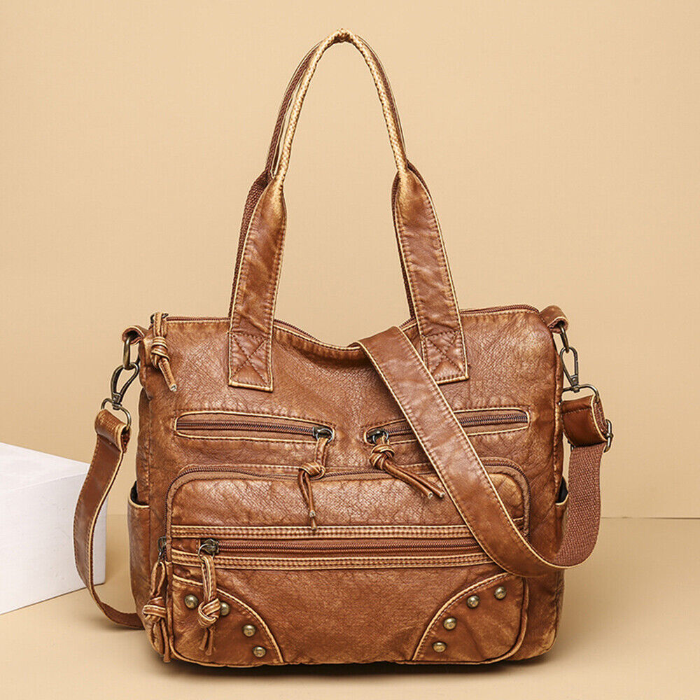 Soft PU Leather Handbags Many Pockets Messenger Bag Washed Leather Shoulder Bag