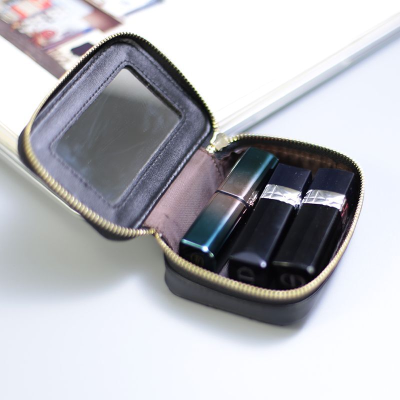 Lipstick Box Square Traveling Genuine Leather Makeup Organizer Case Cosmetic Bag
