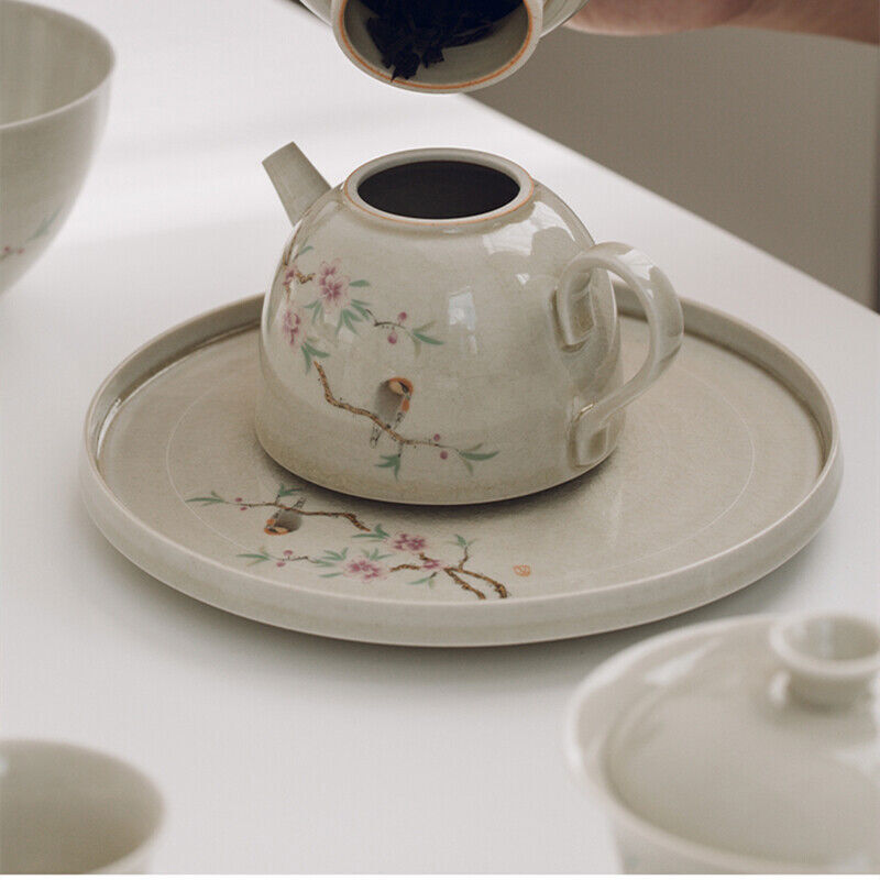 Tea Plate For Tea Pot Cup Handpainted Crackle Glaze Porcelain Tea Tray Round New