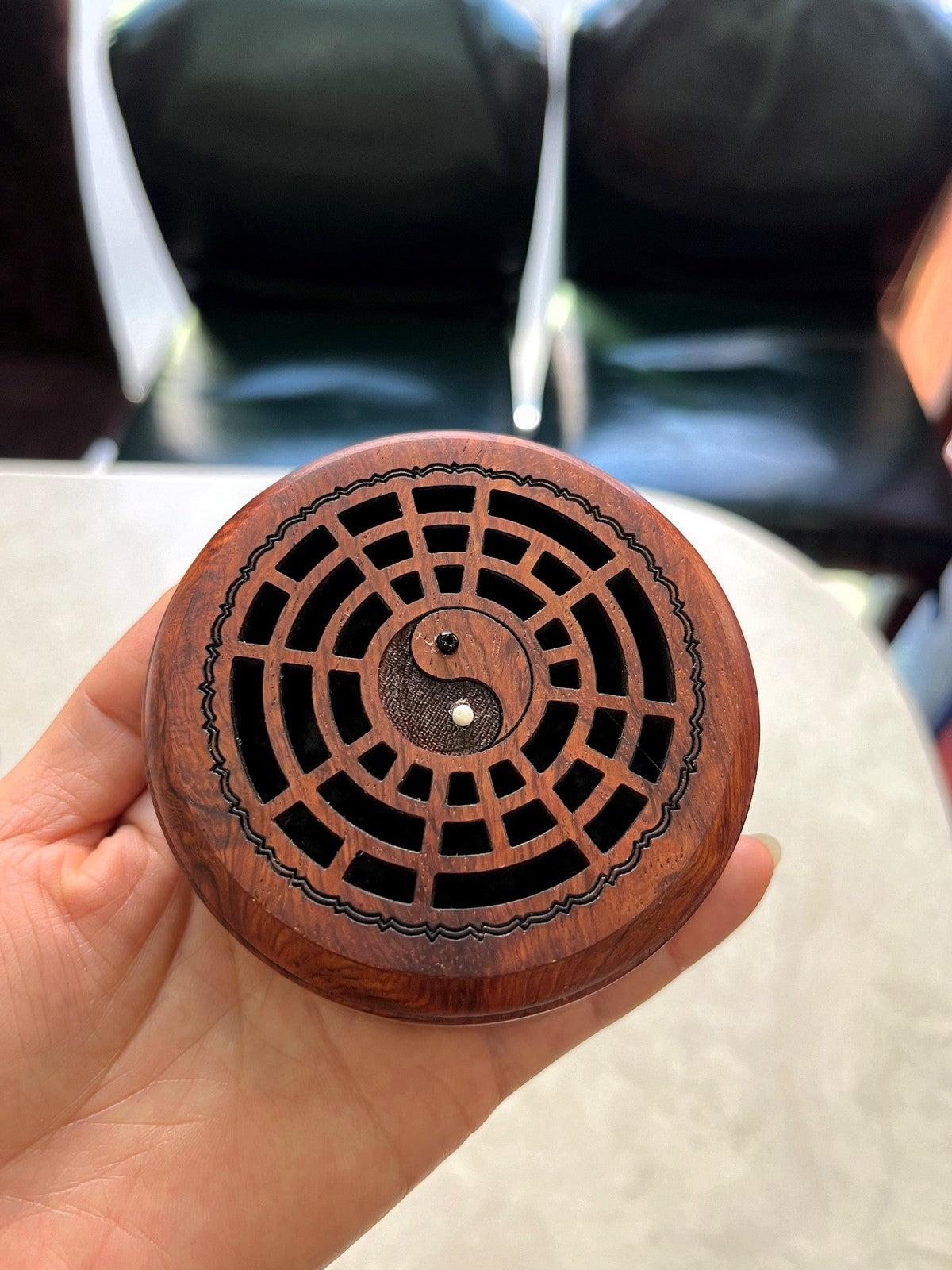 Vietnamese Rosewood Bagua Incense Box 8.5×2.7cm Car Portable Coil Censer