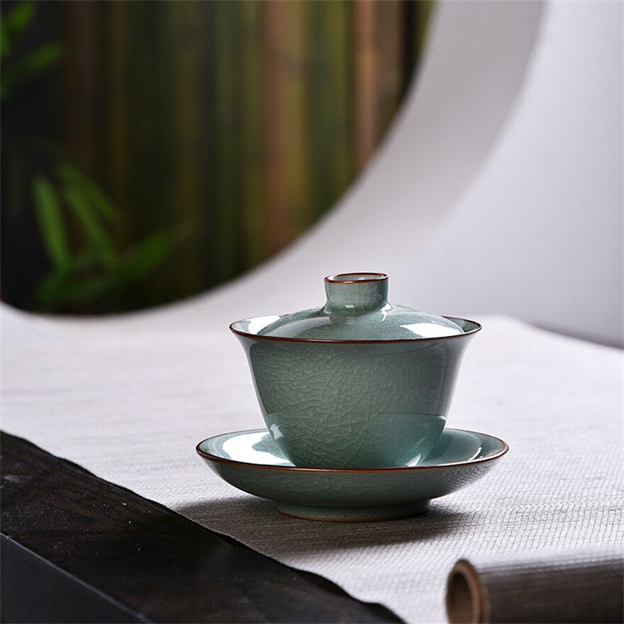Ru Kiln Gaiwan Tea Cup Ice Crack Glaze Sky Blue Retro Sancai Kung Fu Tea Bowl