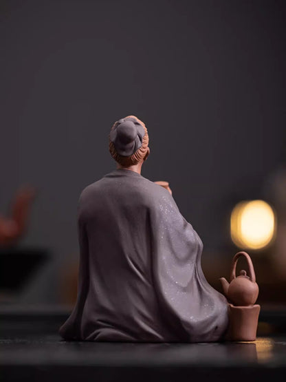 Chinese Zisha Clay Lu Yu Statue Tea Sage Tasting Figure Home Decor Ceramic Art