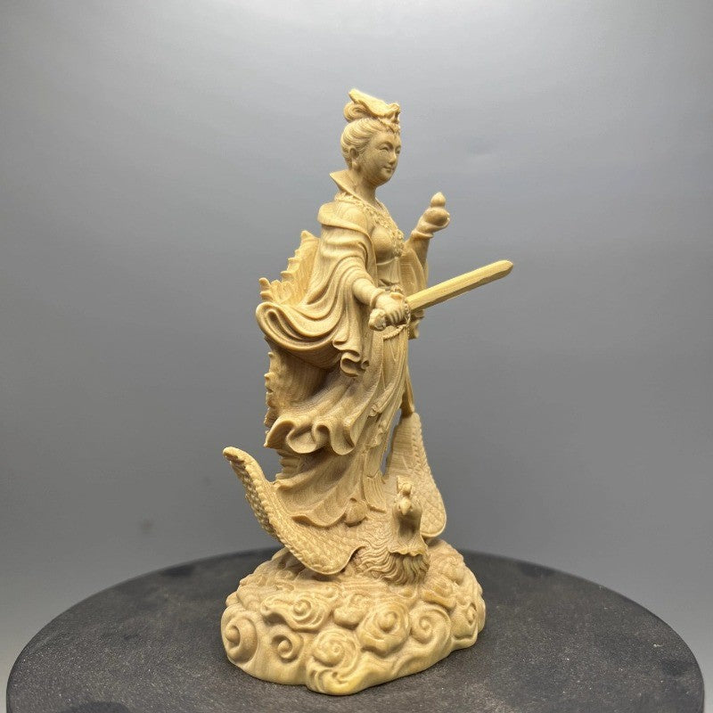 4.8" Boxwood Carved Mysterious Maiden Nine Heaven Statue Taoism Deity Collection