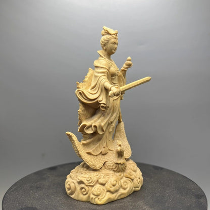 4.8" Boxwood Carved Mysterious Maiden Nine Heaven Statue Taoism Deity Collection