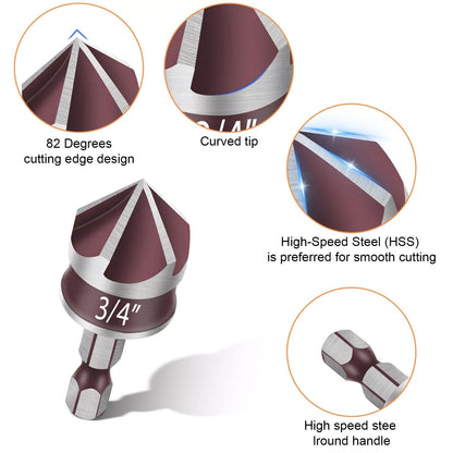 5-Flute Chamfer Drill Bits Set, Cobalt M35 HSS 82° with 1/4"-3/4" Sizes