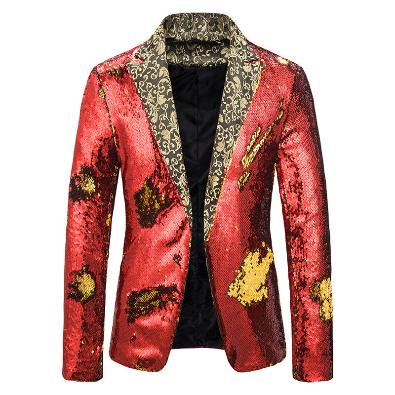 Men Floral Sequin Blazer Suit Jacket Coat One Button Party Clubwear Singer Shiny
