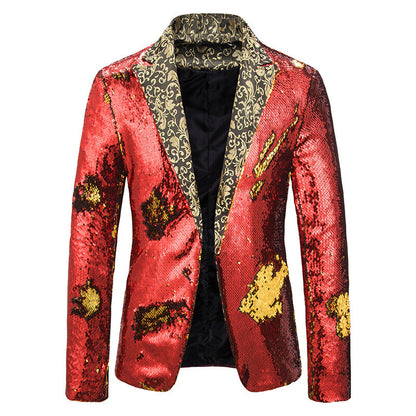 Men Floral Sequin Blazer Suit Jacket Coat One Button Party Clubwear Singer Shiny