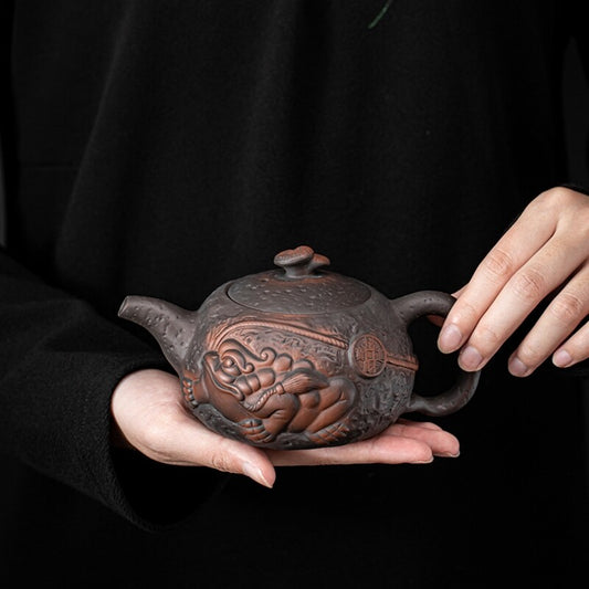 Purple Pottery Teapot Toad Mascot Carved Handmade Pot Marked Ball Shaped Infuser