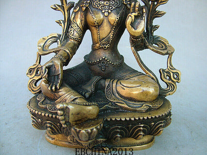 9" Tibet Bronze Gilt Green Tara Mahayana Buddhism Enlightenment Goddess Statue