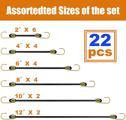 Mini Bungee Cords with Hooks, 22-Piece Assortment: (2", 4", 6", 8", 10", 12") Sm