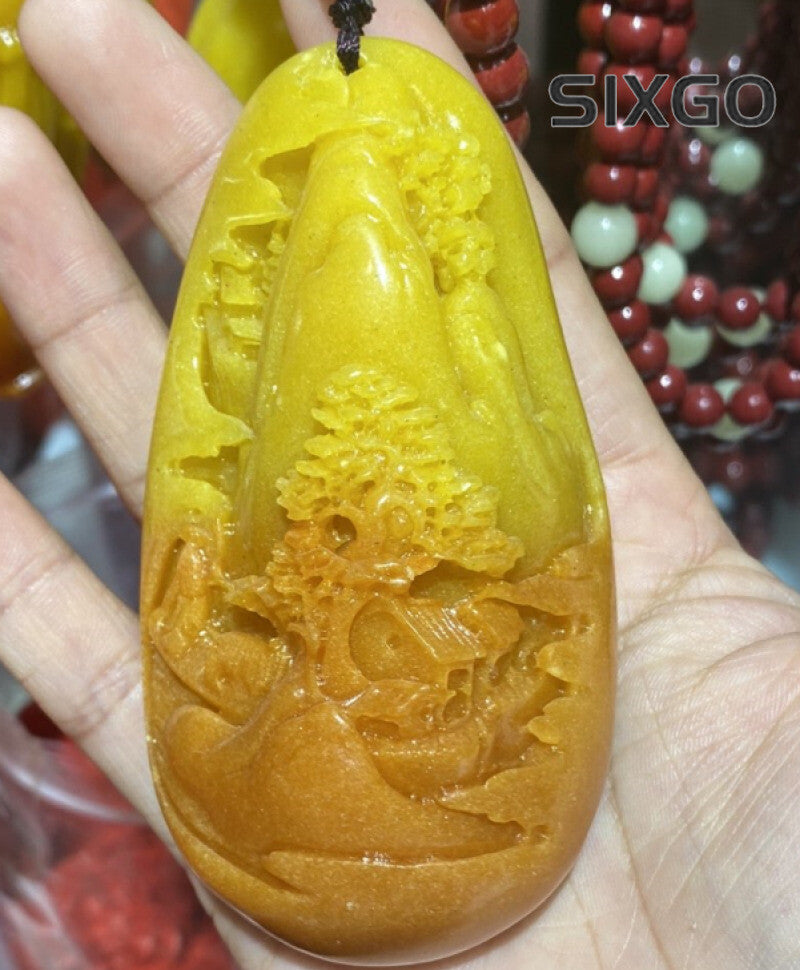 New Chinese Antique Natural Huanglong Jade Carved Landscape Necklace Pendant