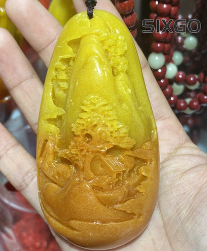 New Chinese Antique Natural Huanglong Jade Carved Landscape Necklace Pendant